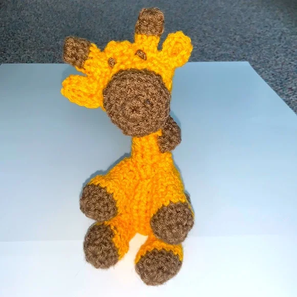HAND CRAFTED Adorable Stuffed Crocheted  Colorful Yellow and Brown  Giraffe Toy - Picture 4 of 5